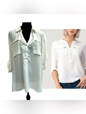 Mandee White Utility Pocket V-neck half button down Blouse roll tab sleeve XL